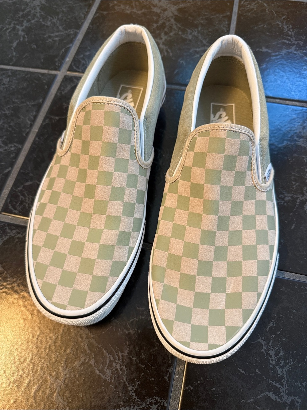 Vans women’s Slip-On Checkerboard Sneakers in Sage and White- suede like